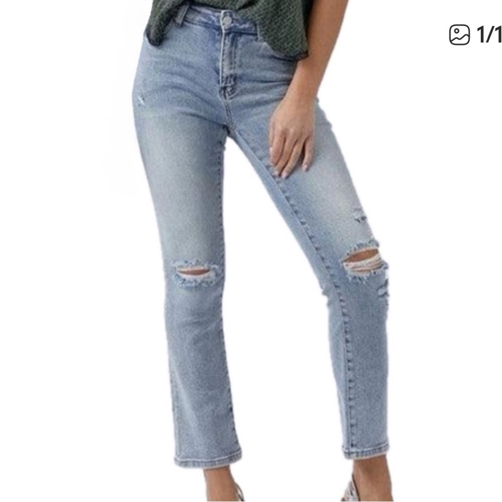 Risen Denim-Light Blue Distressed Straight Leg Jeans
